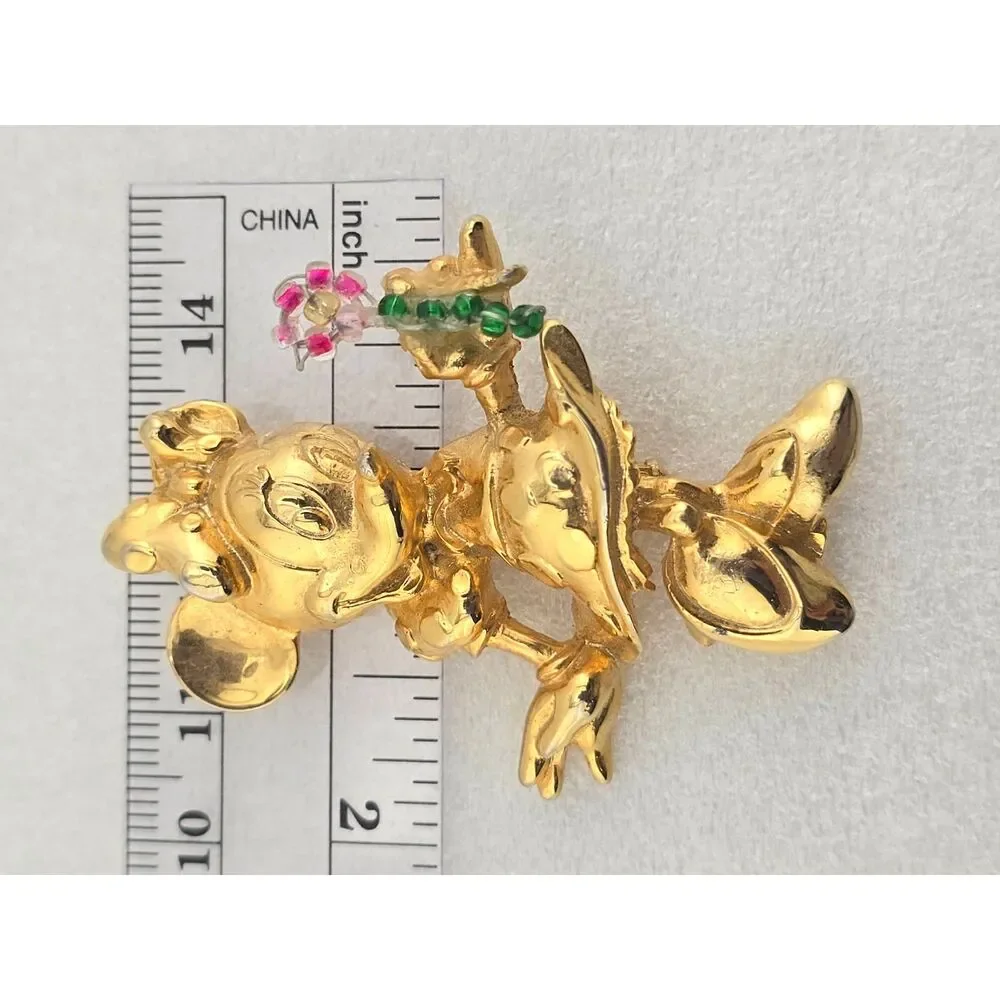 Vintage Disney Minnie Mouse Brooch Pin Flower Power Gold Plate Y2K 80's 90's